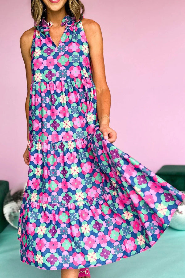 Sky Blue 60s Flower Split Neck Sleeveless Tiered Maxi Dress