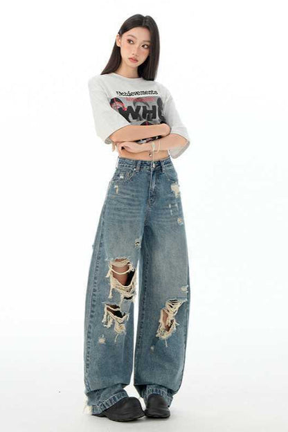 Retro Distressed Long Straight Leg Jeans
