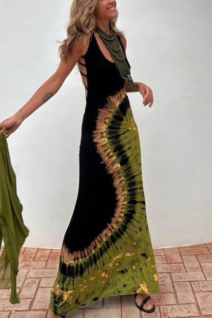 Summer Adventures Tie-dye Print Back Lace-up Stretch Maxi Dress