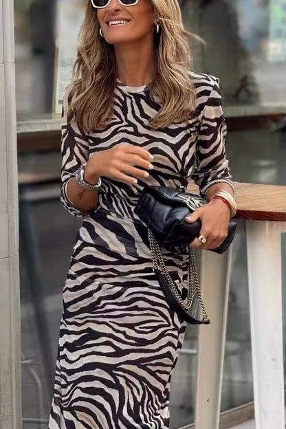 Warm Zebra Print Mirror Velvet Stretch Slim Fit Dress