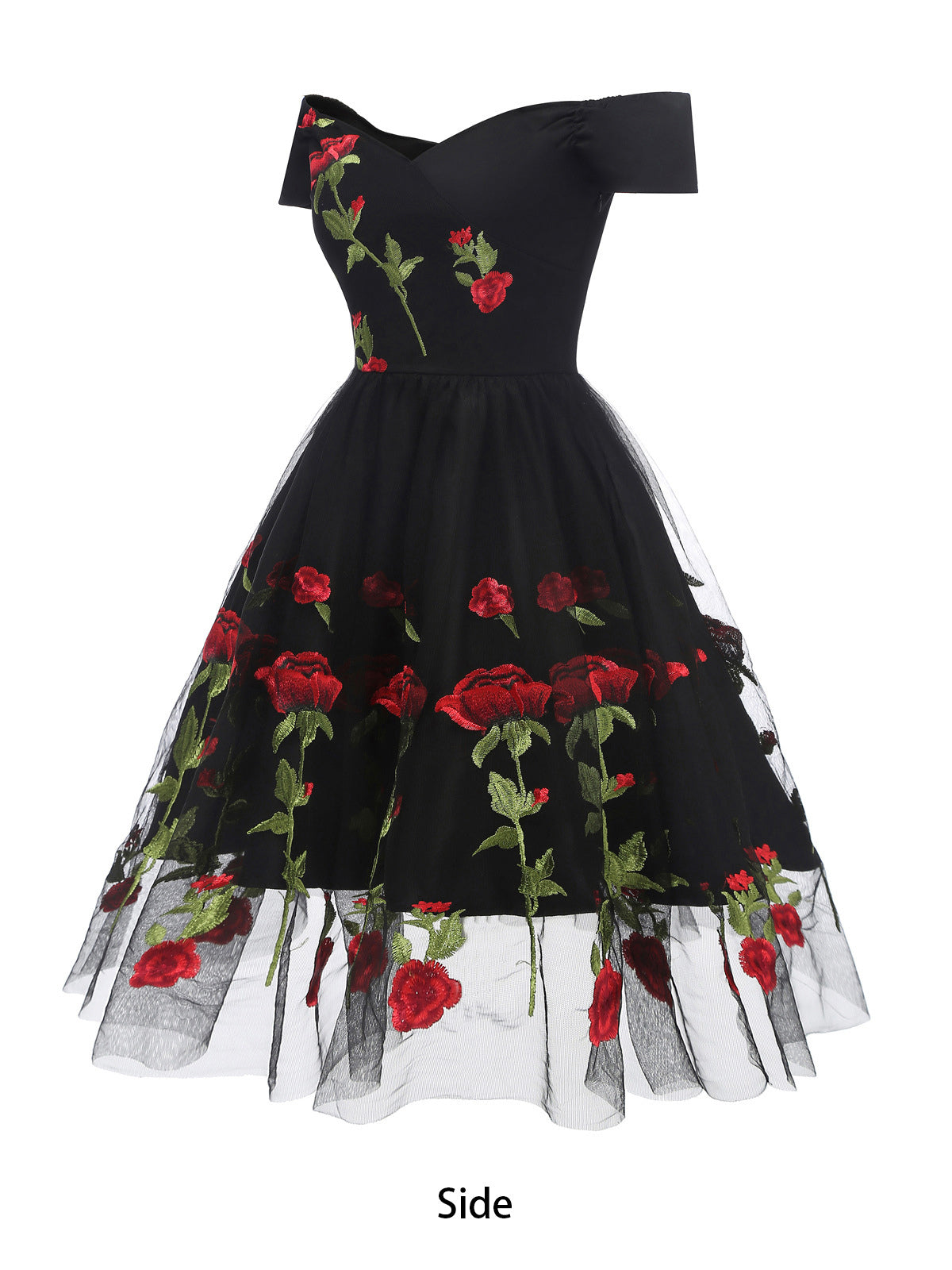 Rose Embroidered Vintage Midi Swing Dress for Women - 1950s Off Shoulder Style A-Line - Summer Tea Party 2026