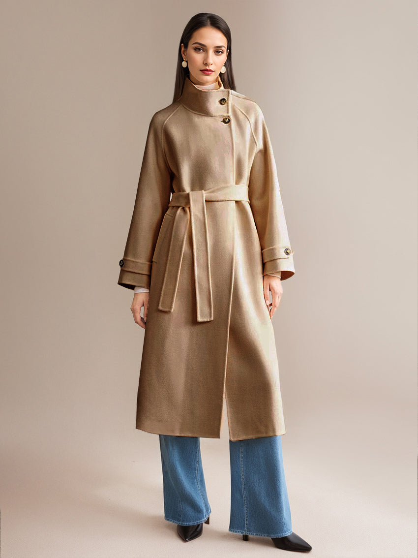 White Wool Cashmere Blend Coat Stand Collar Double-Faced Belted Winter Outerwear For Women 2026