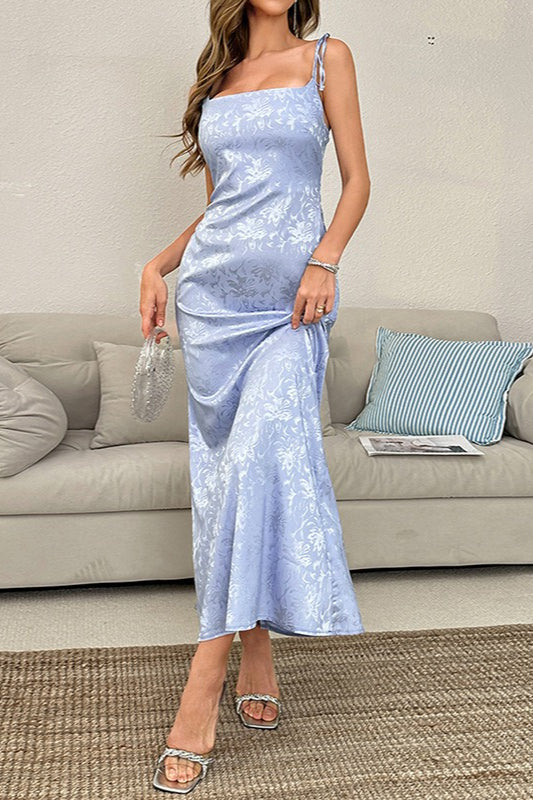 Jacquard Spaghetti Strap Backless Tie Waist Prom Dress