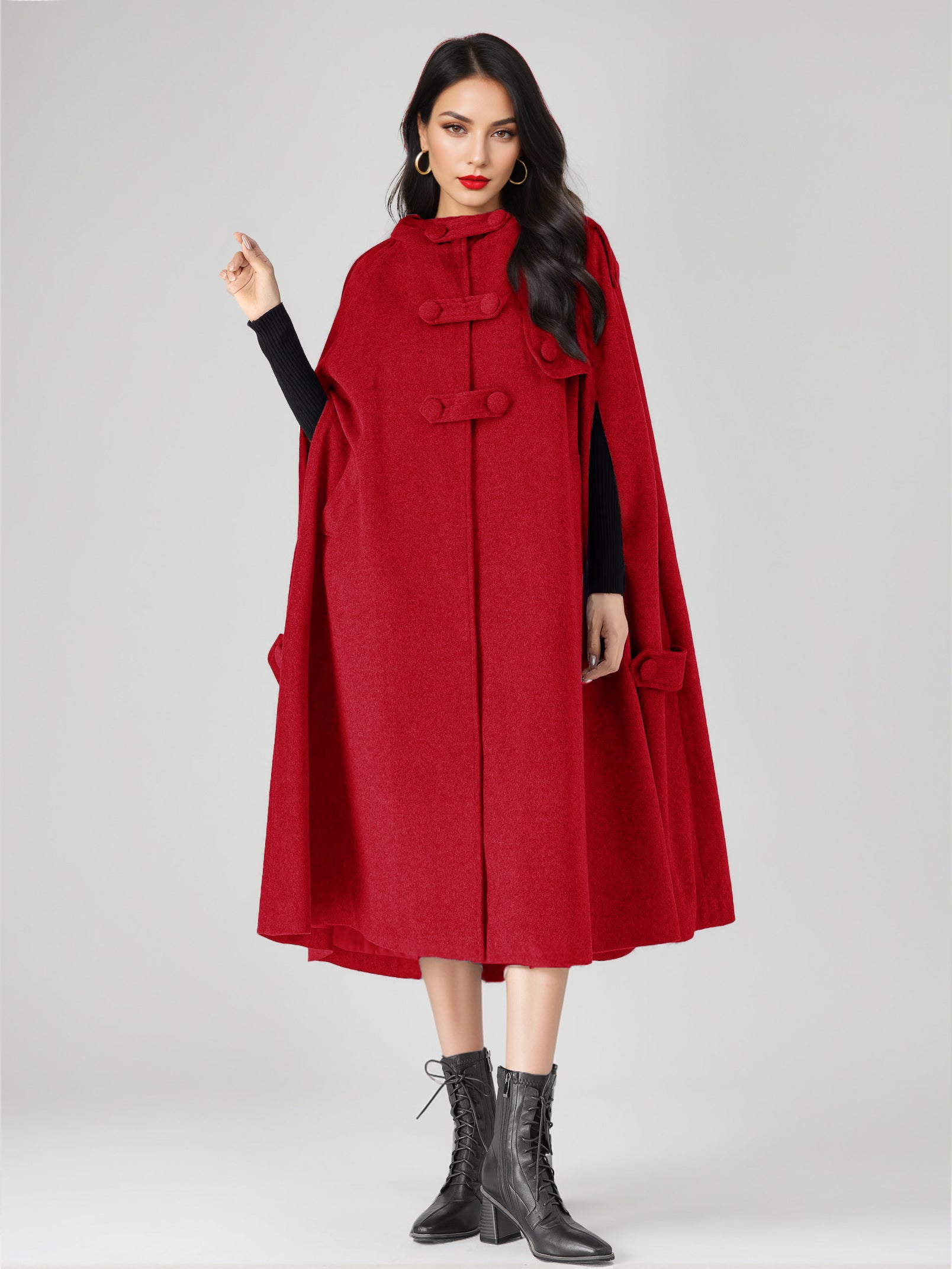 Wool Blend Cape Coat For Women Hooded Gray Oversized Long Poncho Outerwear 2026