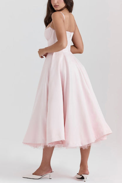 Lace Trim Sweetheart Corset Bodice Tulle Petticoat Fit and Flare Midi Dress