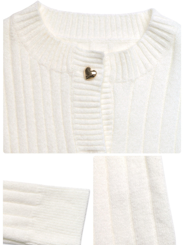 Heart Button Ribbed Knit Cardigan Round Neck Long Sleeve Top For Women 2026