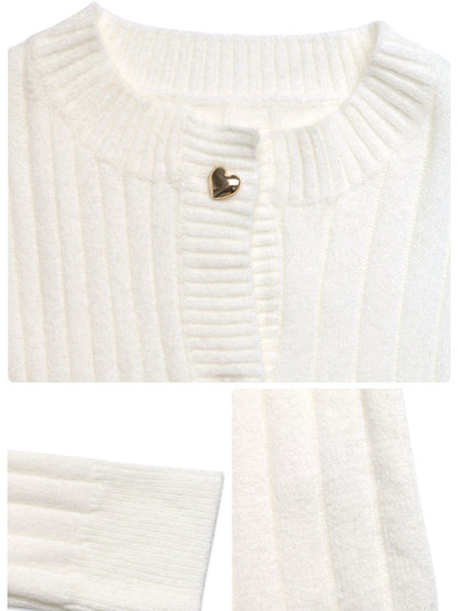 Heart Button Ribbed Knit Cardigan Round Neck Long Sleeve Top For Women 2026