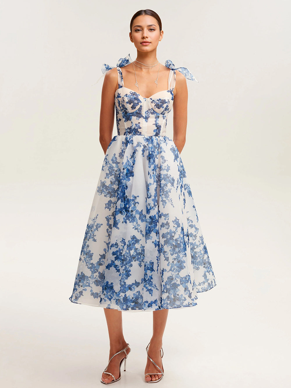 Light Sky Blue Corset Dress Tie Strap Floral A-Line Elegant Party Prom Midi Dresses