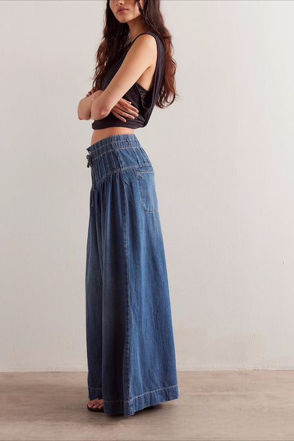 Ruched Mid-Rise Tie Waist Wide Leg Jean
