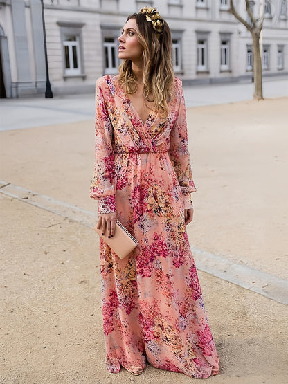 Floral Maxi Dress for Women - Pink Wrap V Neck Lantern Sleeve Long Dress - Spring Garden Wedding Guest 2026