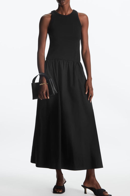 Ribbed Tank Bodice Gathered Woven Pocket Maxi Dress