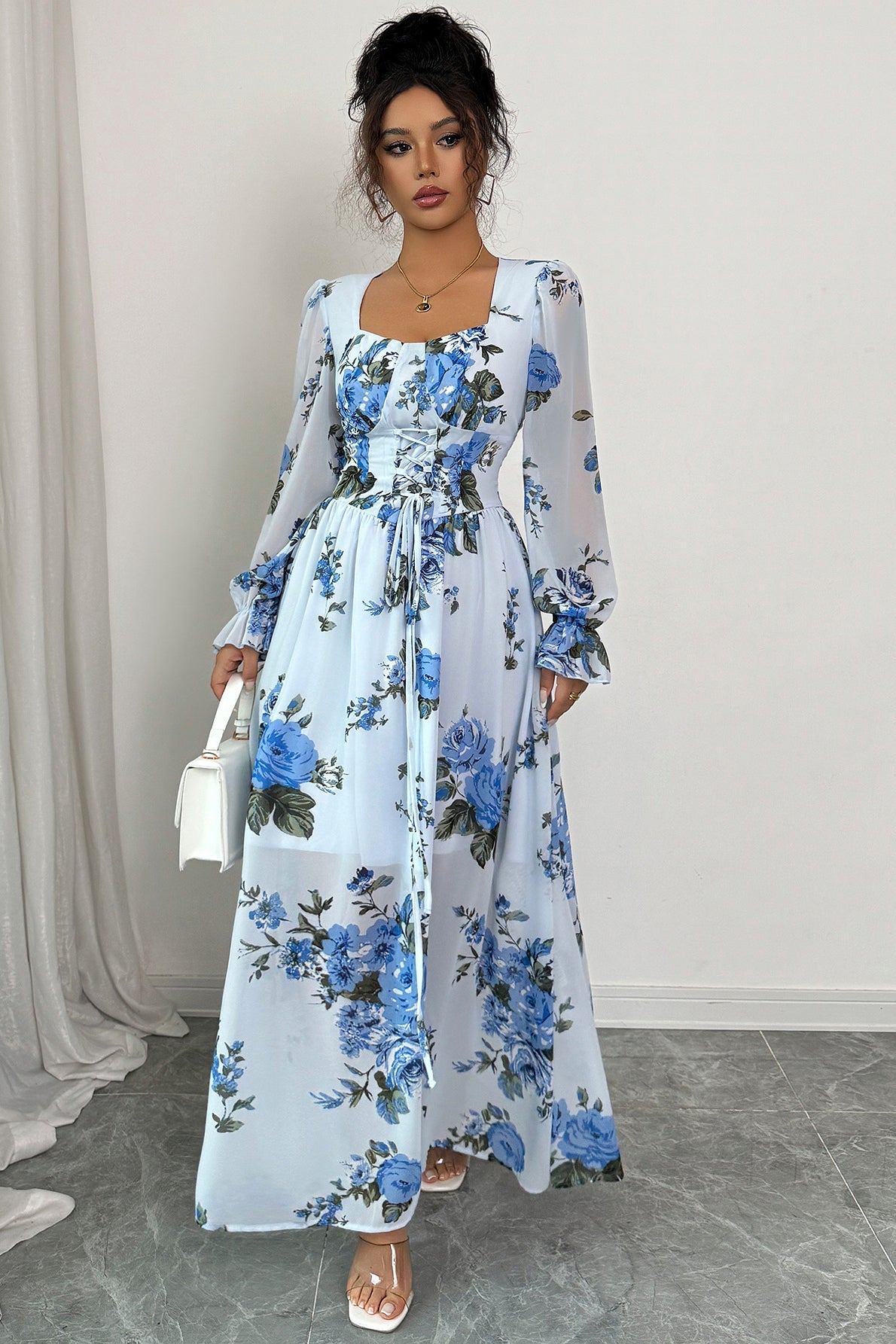 Simple Floral Long Sleeve Maxi Dress