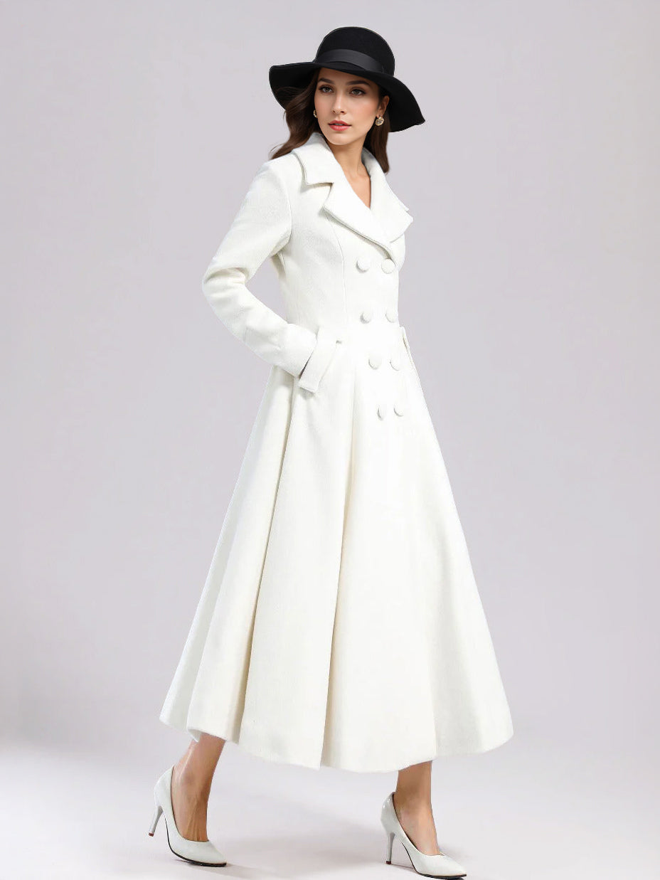 White Woolen Flared Coat For Woman Wide Lapel Double-breasted Winter A-line Midi Outerwear 2026