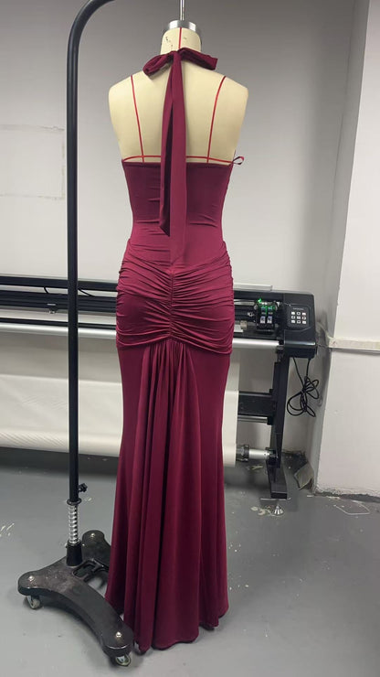 Deep V Halter Neck Gown with Train Elegant Women_Dress