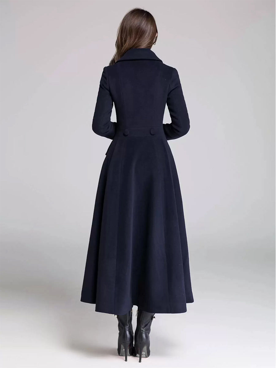 Wool Blend Flared Coat For Women Dark Navy Double-breasted Wide Lapel A-line Winter Outerwear 2026