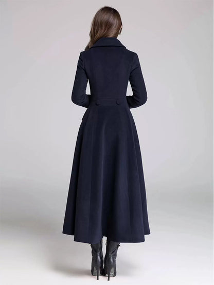 Wool Blend Flared Coat For Women Dark Navy Double-breasted Wide Lapel A-line Winter Outerwear 2026