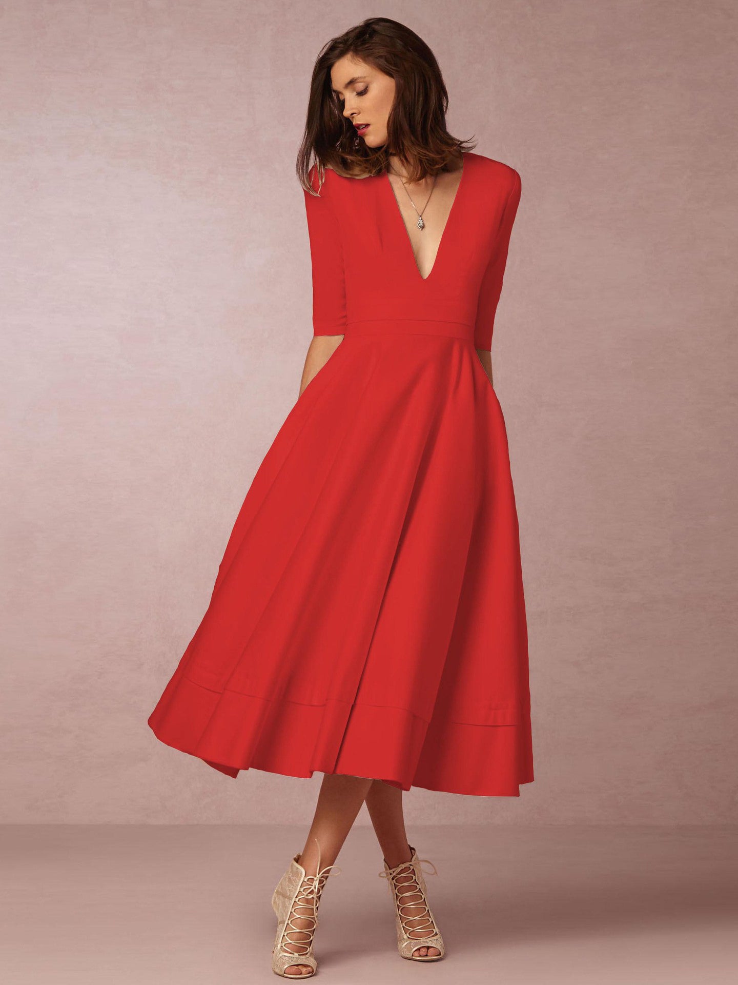 Plunge Midi Dress Half Sleeves Pockets A-Line Prom Dresses In Burgundy