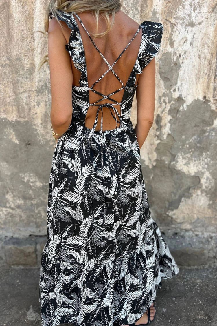 Elegant Hollow Tie Feather Print Ruffle Sleeve Maxi Dress