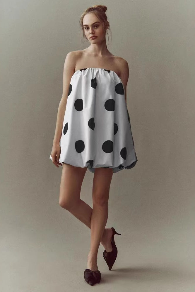 Polka Dot Strapless Voluminous Bubble Hem Mini Dress