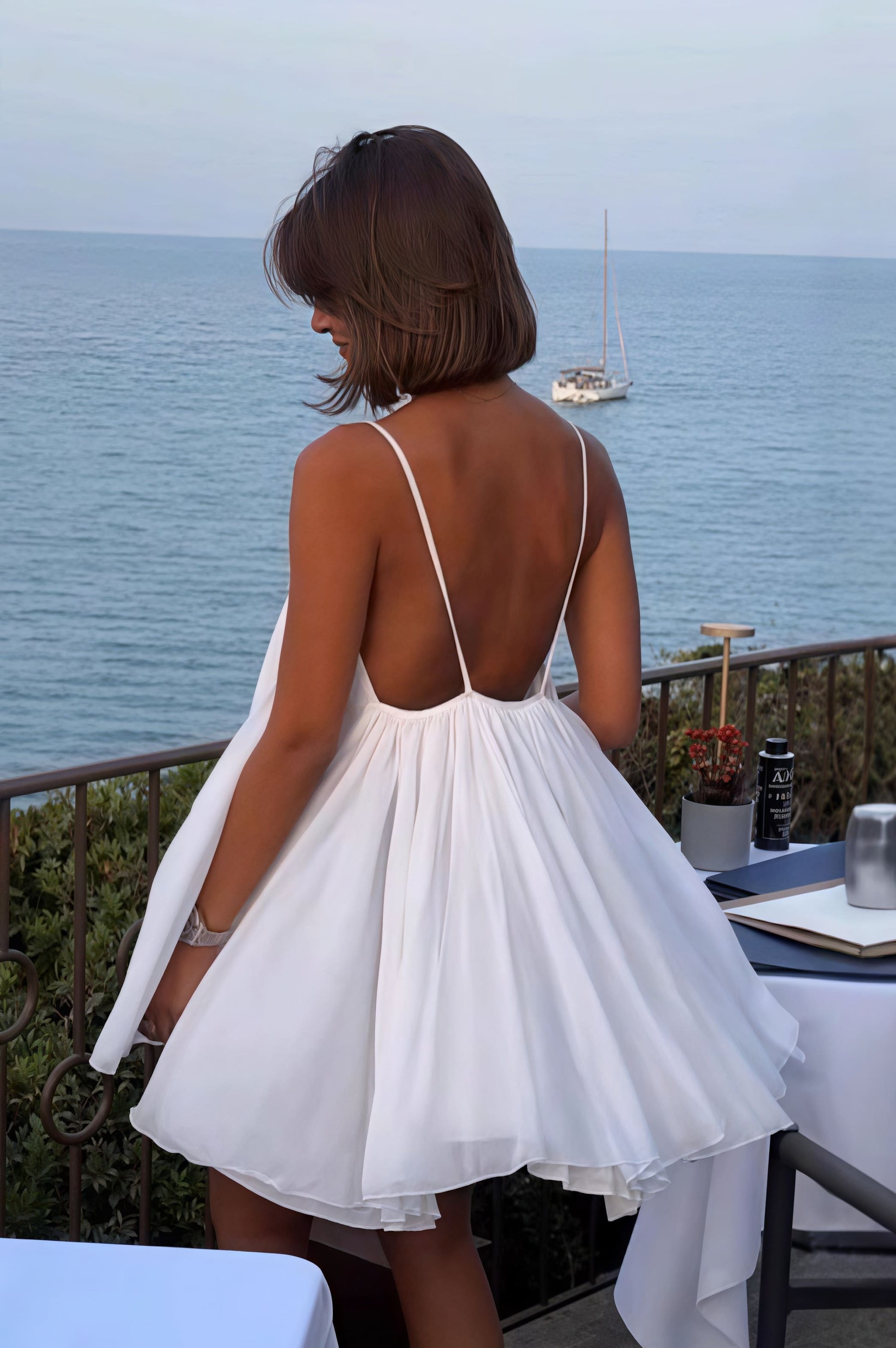 Pleated Spaghetti Strap Deep V-Neck Flowy Babydoll Mini Dress
