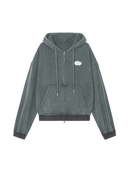 Distressed Washed Double Zip Hoodie & Frayed Hem Skirt Set