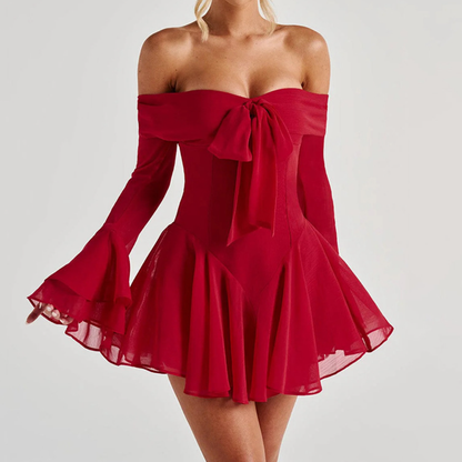 Off shoulder long flared mesh bowknot mini dress
