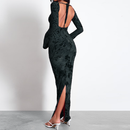 Long sleeve backless self tie slit maxi dress