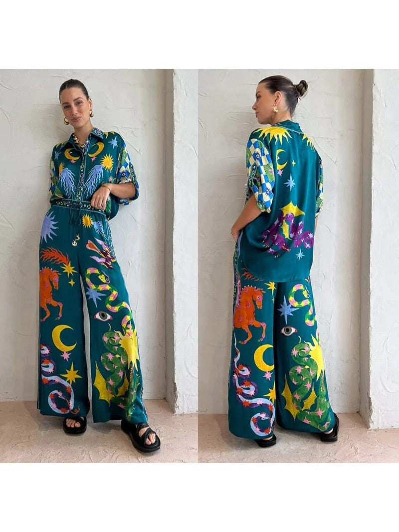 Oversized Fit Abstract Print Shirt & Pants Coord Set