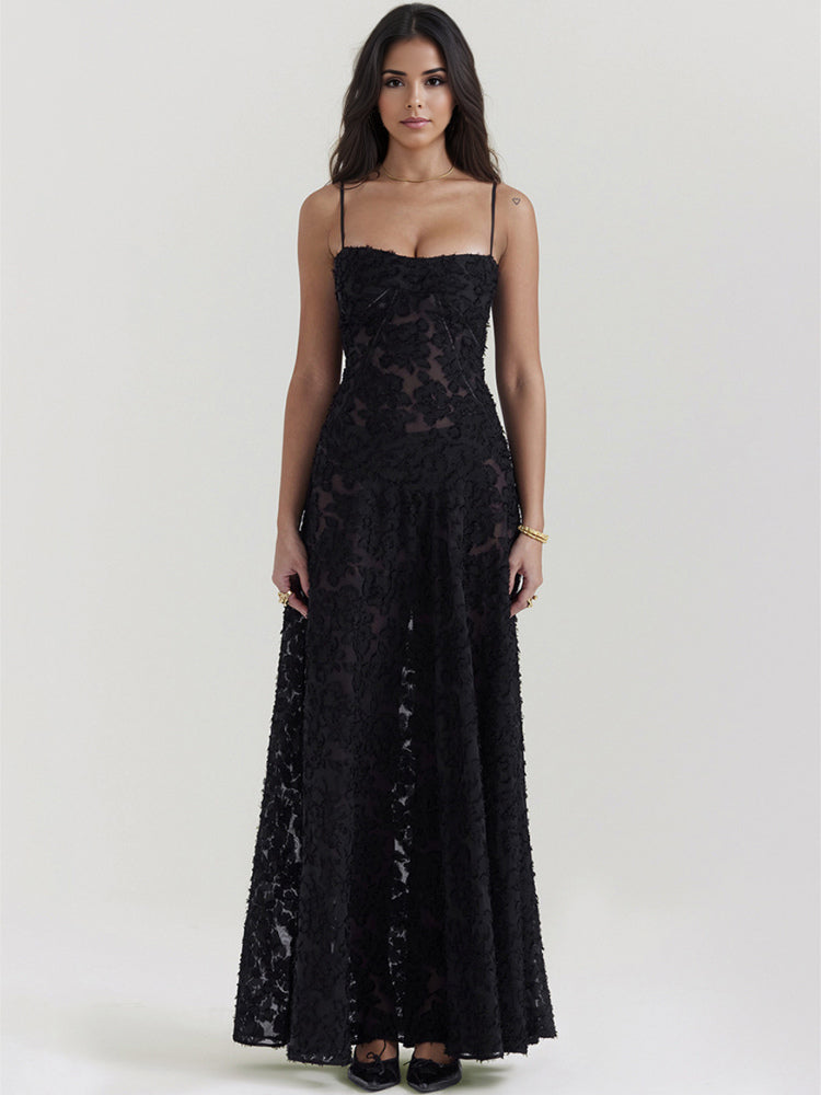 Trumpet Dress Spaghetti Straps Lace-up Floral Embroidery Prom Maxi Dresses