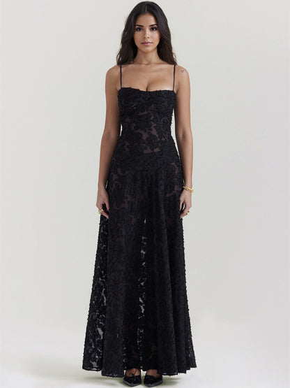 Trumpet Dress Spaghetti Straps Lace-up Floral Embroidery Prom Maxi Dresses