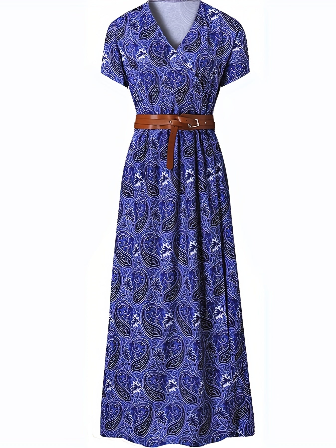 Paisley Print V-Neck Short Sleeve Belted Side Slit Maxi Dress