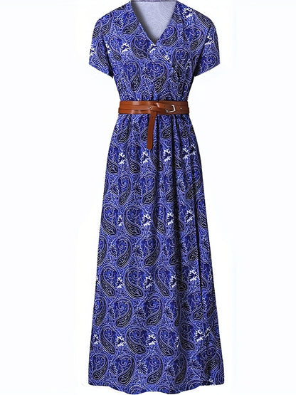 Paisley Print V-Neck Short Sleeve Belted Side Slit Maxi Dress