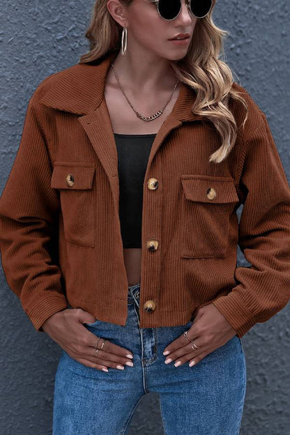 Flap Pockets Turn Down Collar Corduroy Shacket