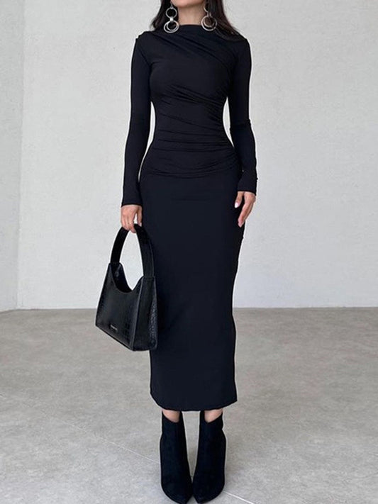 Solid Ruched Long Sleeve Maxi Dress