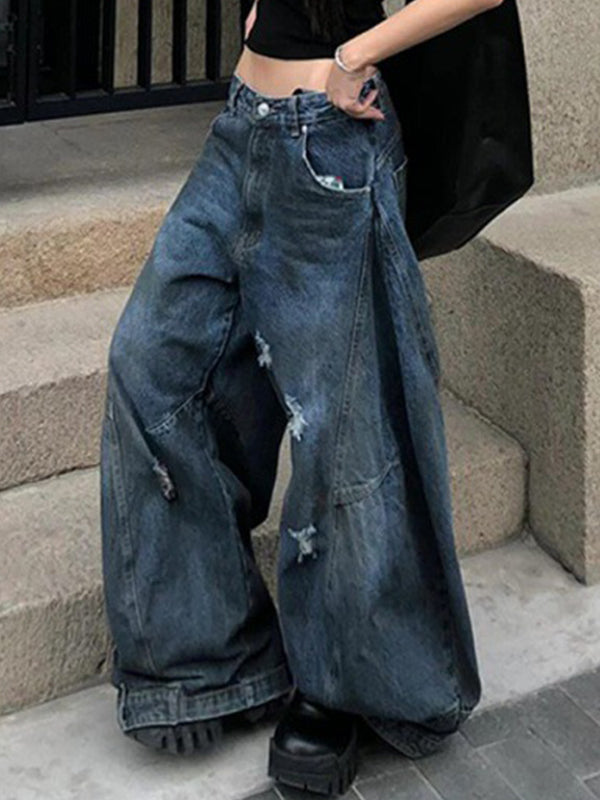 Retro Distressed Dirty Dyed Wide Legs Boyfriend Jeans