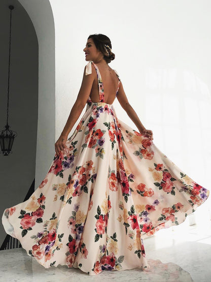 Floral Chiffon Backless Women Maxi Dress - Cream Boho Tie Shoulder A Line Sundress - Summer Beach Wedding Guest Party 2026