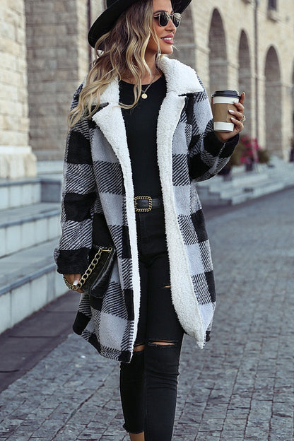 Lapel Plaid Open Front Coat