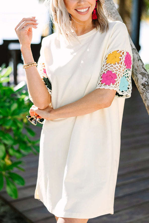 White Floral Crochet Splicing Sleeve T-shirt Dress