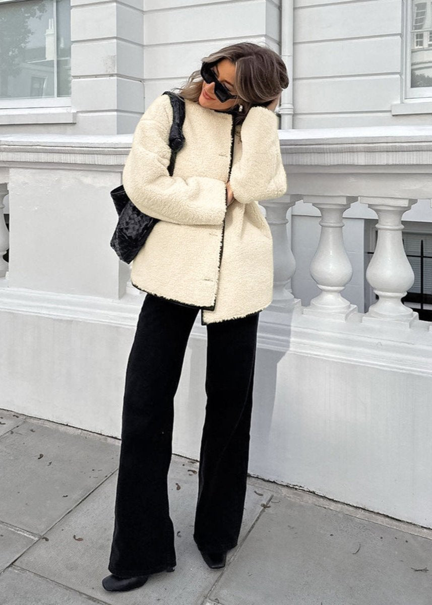 Beige Lambswool Patchwork Round Neck Coat