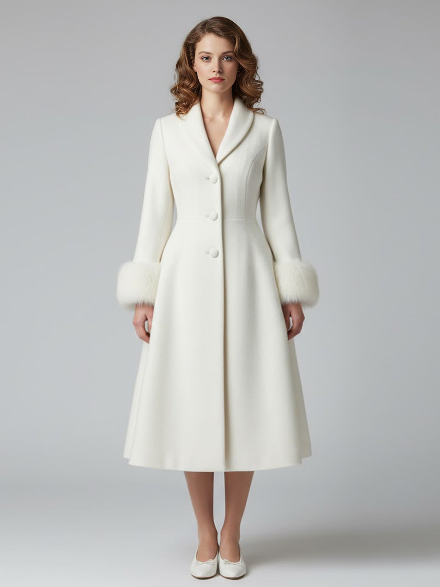 Vintage A-line Woolen Flared Midi Coat With Detachable faux fur cuffs In White 2026