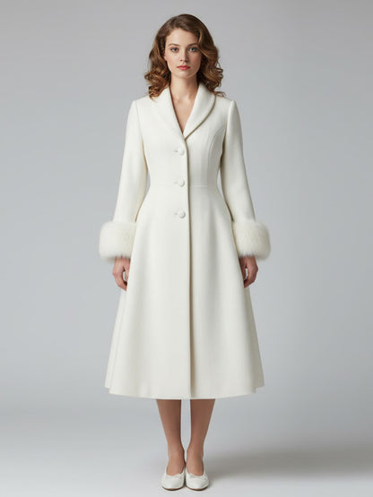 Vintage A-line Woolen Flared Midi Coat With Detachable faux fur cuffs In White 2026