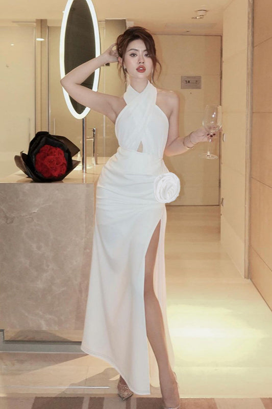 Sexy Halter Split 3D Floral Party Dress