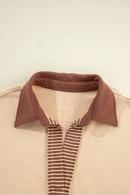 Light French Beige Striped Patchwork Collar Sweatshirt