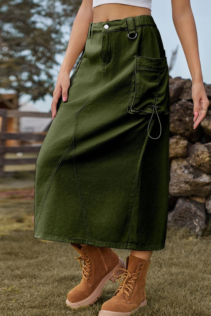 Vintage High-Waist Denim Cargo Midi Skirt