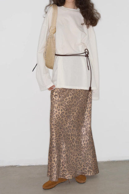Leopard Print Elastic Waist Straight-Cut Maxi Skirt