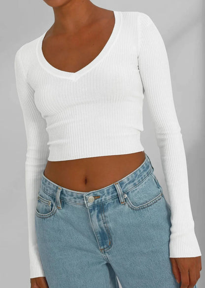 Indigo Ribbed Long-Sleeve Knit Top