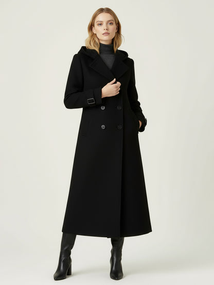 Hooded Double-Breasted Long Woolen Coat With Cuff Tabs For Women 2026