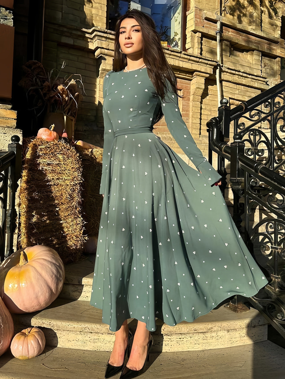 Triangle Printed Dress Round Neck Long Sleeves Casual Maxi Dresses