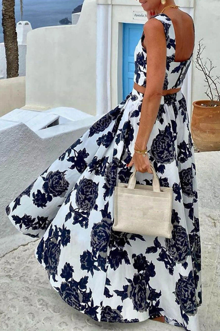 Fashion Printed Suspender Top And Skirt Two-Piece Set