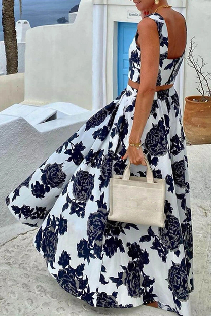 Fashion Printed Suspender Top And Skirt Two-Piece Set